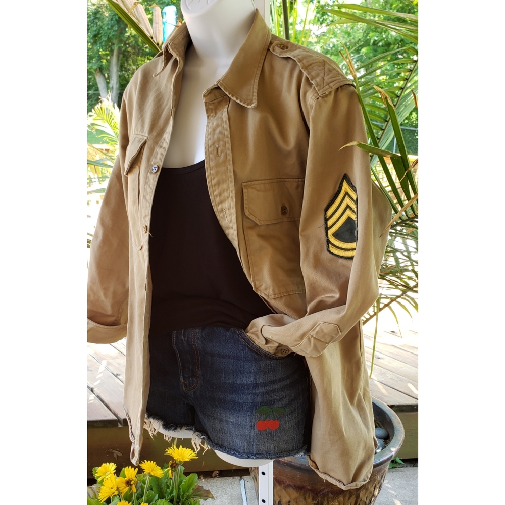 SOLD☆Boyfriend Bohemian Army Shirt Khaki Jacket L - Picture 1 of 5
